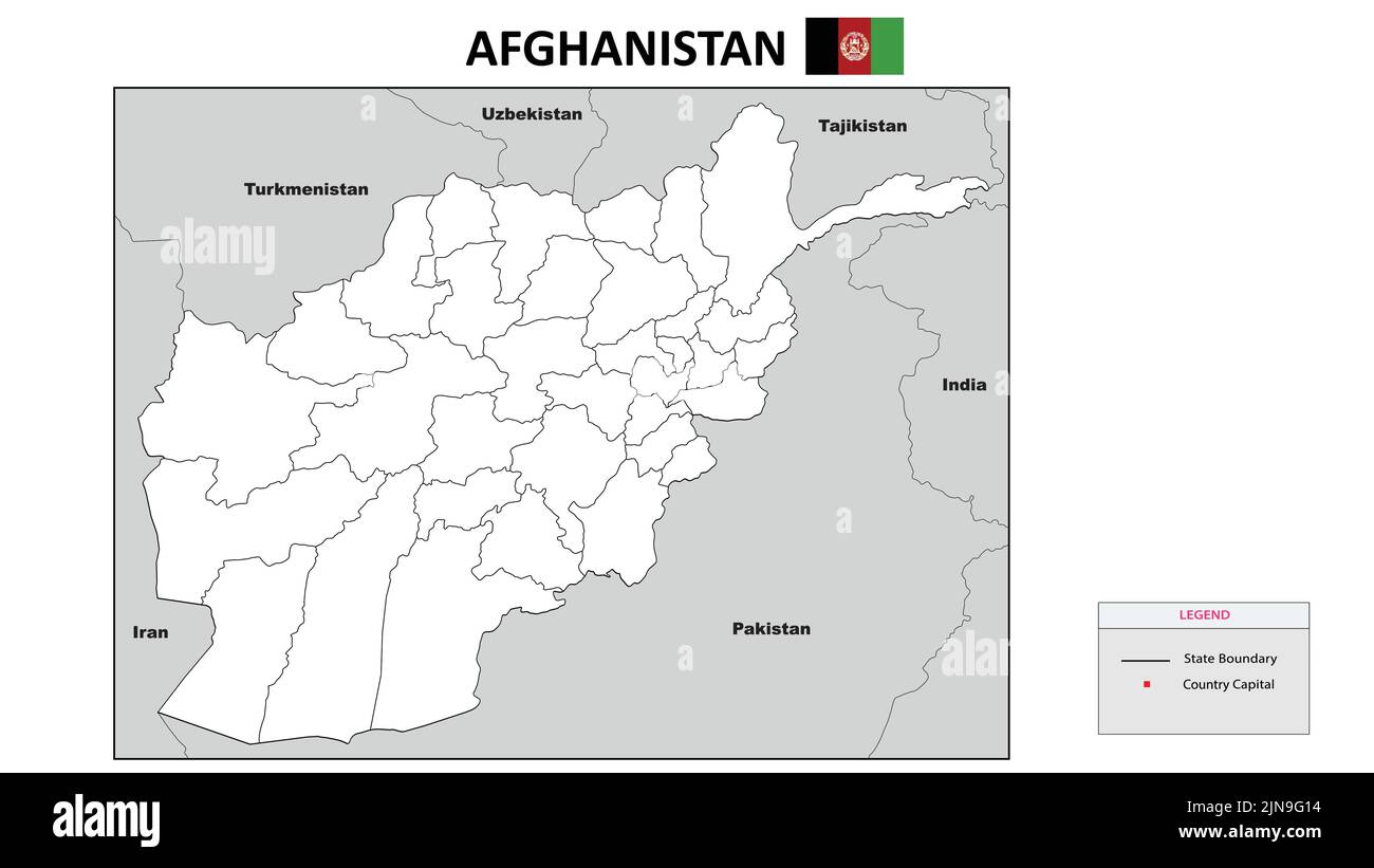 Afghanistan-Karte. Staat- und Distriktkarte von Afghanistan. Politische Landkarte Afghanistans mit Umriss und Schwarz-Weiß-Design. Stock Vektor
