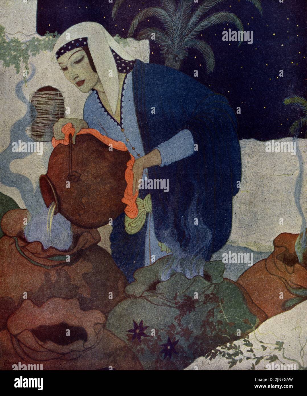 „Morgania gießt das kochende Öl die vierzig Diebe“ am 19,1925. April in der Zeitschrift American Weekly als Teil der „Charaktere aus den Arabischen Nächten“ Stockfoto