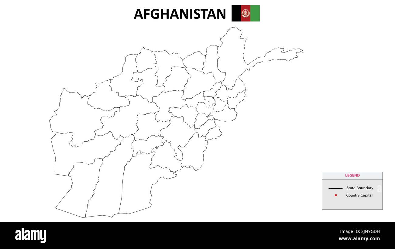 Afghanistan-Karte. Staat- und Distriktkarte von Afghanistan. Politische Landkarte Afghanistans mit Umriss und Schwarz-Weiß-Design. Stock Vektor