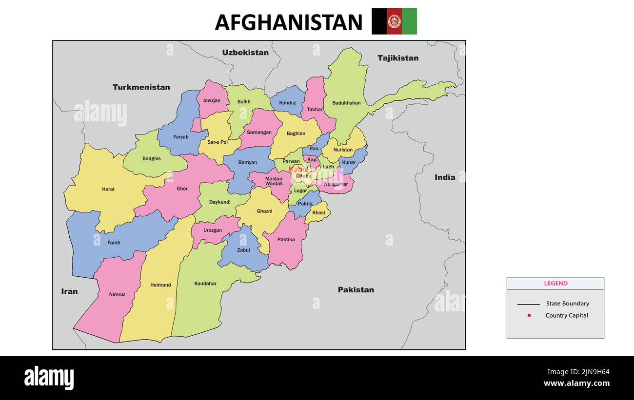 Afghanistan-Karte. Staat- und Distriktkarte von Afghanistan. Politische Landkarte Afghanistans mit Nachbarländern und Grenzen. Stock Vektor