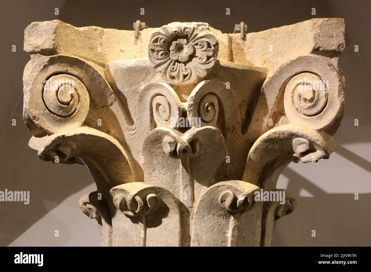 Grand chapiteau de colonne à feuilles d'acanthes de l'Abbaye de Cluny. XII ème siècle. Musée municipal d’Art et d’Archéologie. Musée Ochier. Palais Je Stockfoto