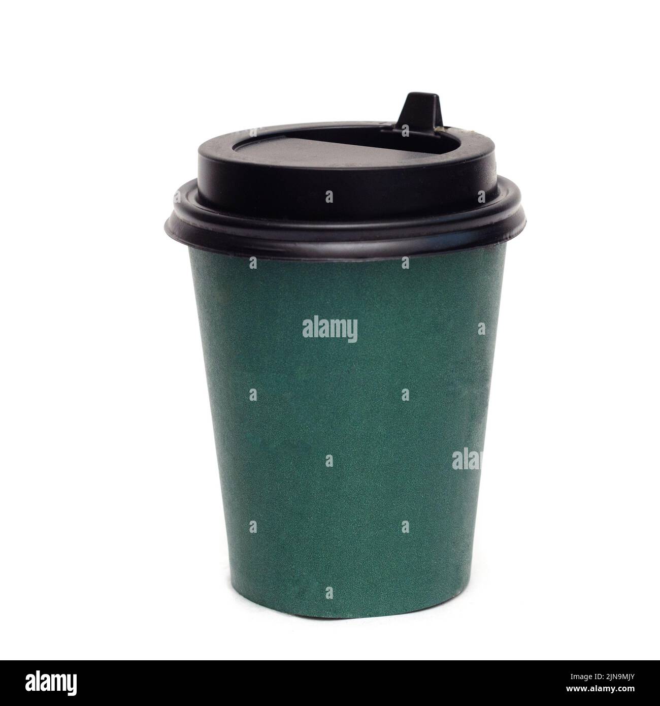 Grüne wiederverwendbare Kaffeetasse isoliert auf weißem Hintergrund. Stockfoto