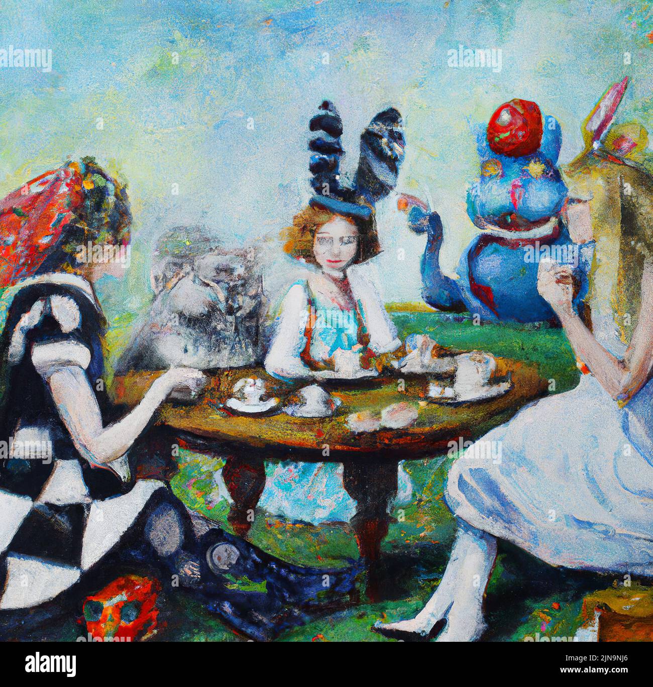 Alice im Wunderland Motive verrückt Tee-Party. Lewis Carroll Märchen mit verrückten verrückten Charakteren. Digitale Ölgemälde Kunst. Illustration für Print Stockfoto