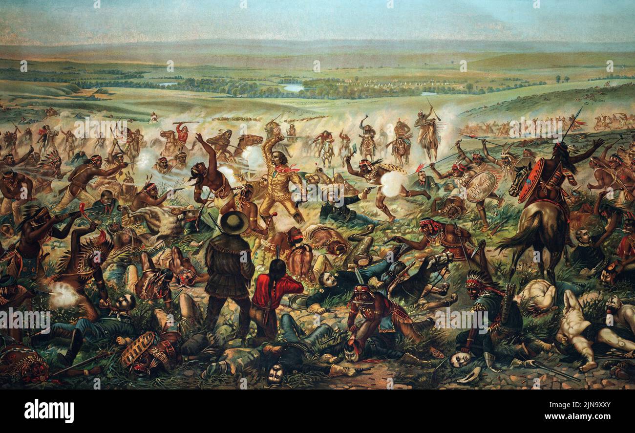 Custers letzter Stand in der Schlacht am Kleinen Dickhorn, 25. Juni 1876. General George Armstrong Custer, 1839 - 1876. Die Schlacht war die wichtigste im Großen Sioux-Krieg von 1876. Nach einem Gemälde von F. Otto Becker, 1854 - 1945, erschienen 1896 Stockfoto