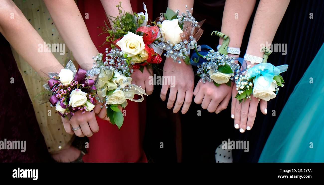 Mädchen mit Corsage Blumen für Prom Kleider schön Stockfoto