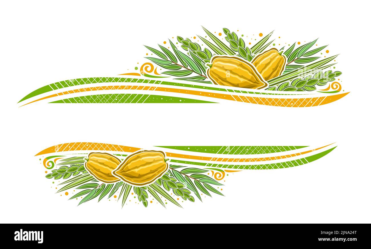 Vektorrahmen für Sukkot mit leerem Kopieplatz für Glückwunschtext, dekorative Grußkarte mit Abbildung der traditionellen vier Arten Blätter Stock Vektor