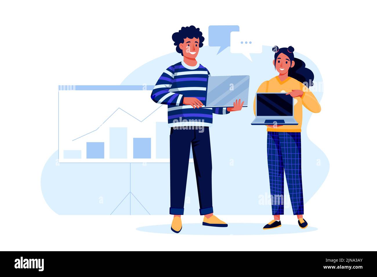 Junges Paar mit Laptops und zeigt das Ergebnis der Datenanalyse oder der Anzeigenpräsentation. Vektor flache Cartoon Mann und Frau Zeichen illustrat Stock Vektor