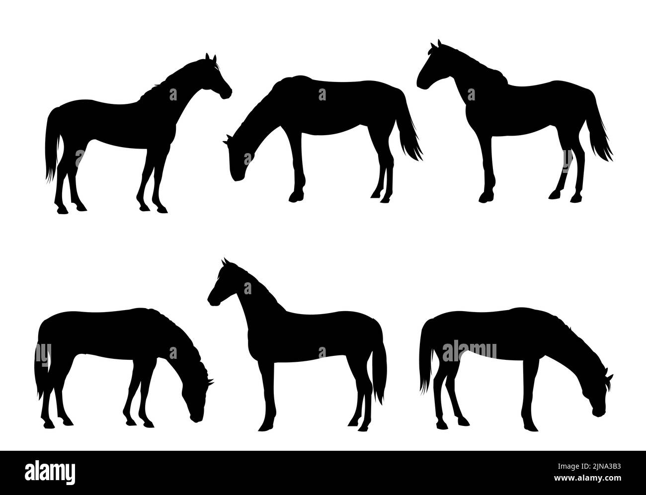 Eine Reihe von Pferden grasen. Bildsilhouette. Haustiere auf dem Bauernhof. Tiere sind traditionell. Isoliert auf weißem Hintergrund. Vektor Ziege mit Kind in der Nähe der Stock Vektor