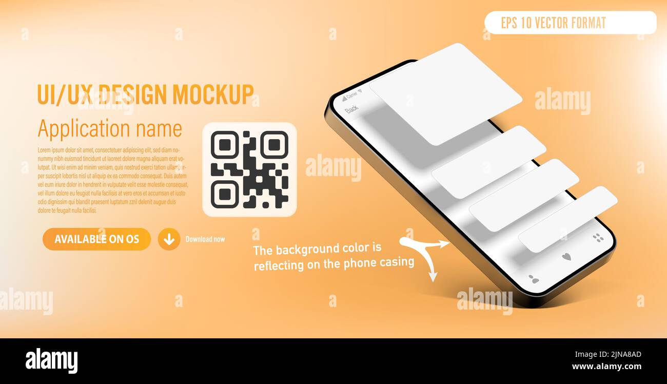 UI- oder UX-Smartphone-App-Vorlage auf orangefarbenem Hintergrund mit leeren Anwendungsfenstern auf dem Telefonbildschirm - Beschreibung und Download-Link mit QR CO Stock Vektor