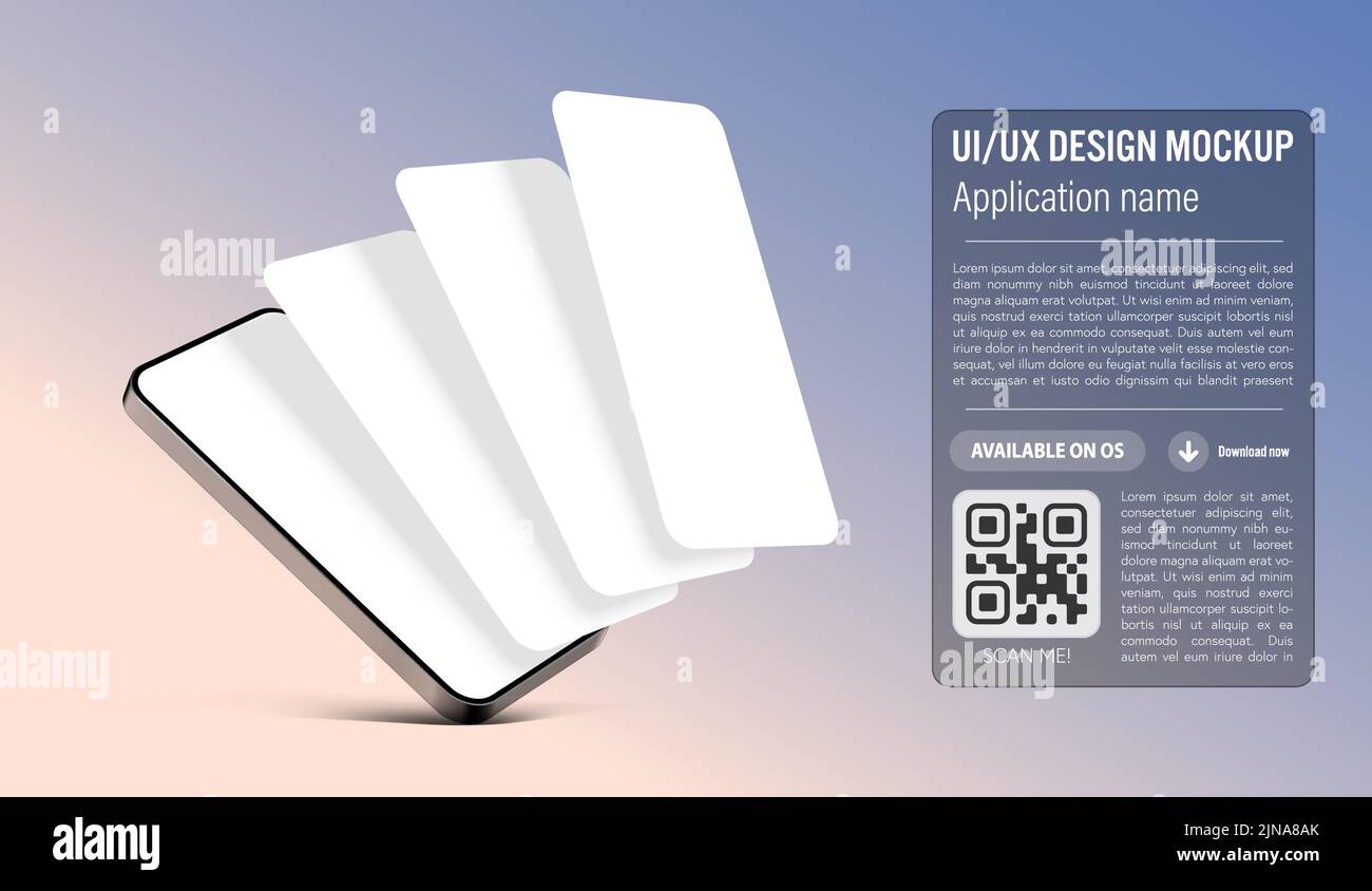 UI- oder UX-Smartphone-App-Vorlage auf blauem und pinkem Hintergrund mit leeren Anwendungsfenstern auf dem Telefonbildschirm – Beschreibung und nach unten Stock Vektor