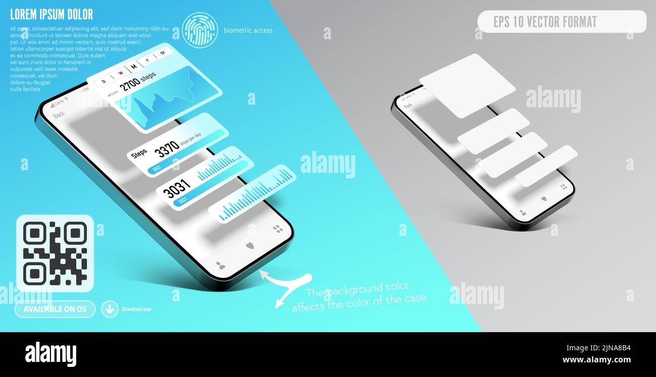 Smartphone-Anwendungsvorlage mit hervorstehenden Informationsfenstern - realistische Vektorgrafiken für die Darstellung einer mobilen Anwendung mit de Stock Vektor