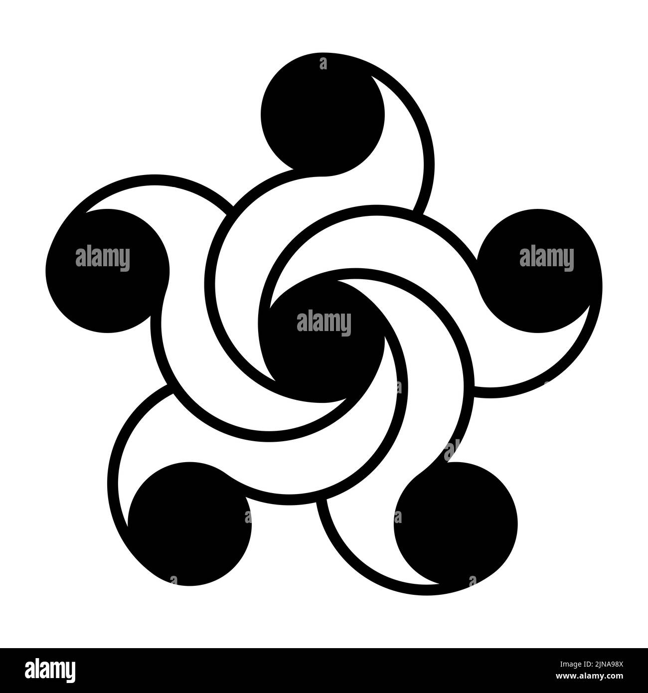 Kreise, die spiralförmig zu einem Pentagramm verbunden sind. Fünfzackiger Stern, aus fünf Kreisen, mit gekrümmten Linien, die mit einem sechsten Kreis in der Mitte verbunden sind. Stockfoto