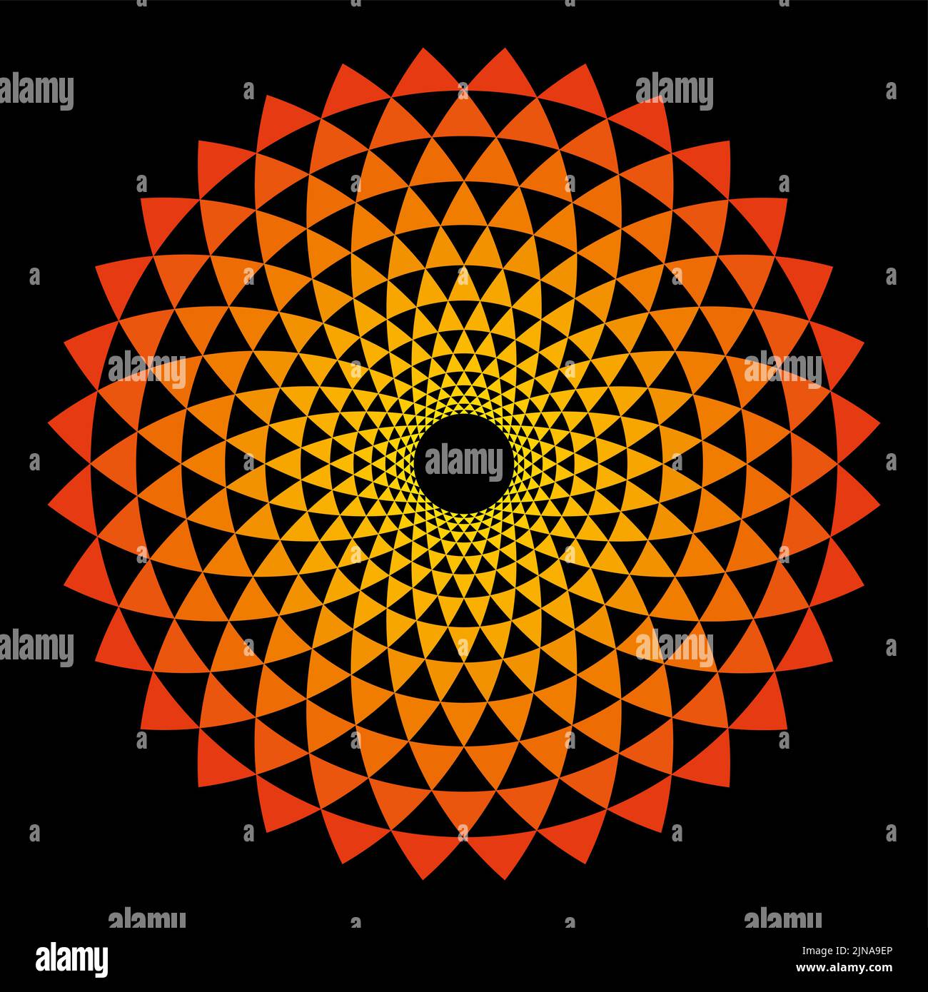 Sonnensymbol aus Fibonacci-Muster. Bögen, spiralförmig angeordnet, von Kreisen durchzogen, wodurch Biegedreiecke entstehen. Stockfoto