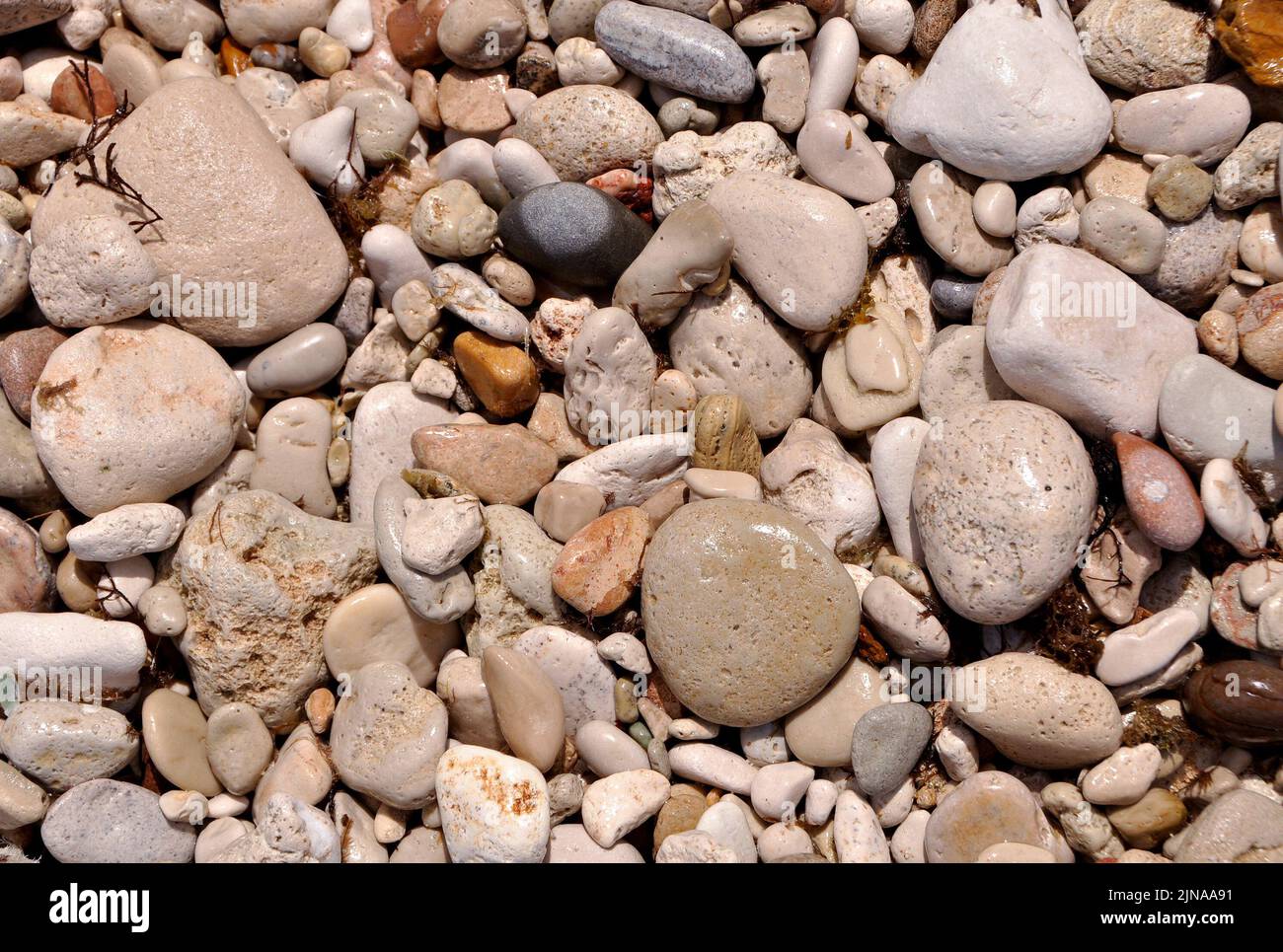 Mehrfarbige Kieselsteine und Strandsand Stockfoto