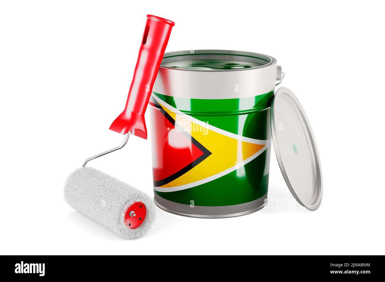 Guyanische Flagge auf der Farbkannenfarbe, 3D Rendering isoliert auf weißem Hintergrund Stockfoto