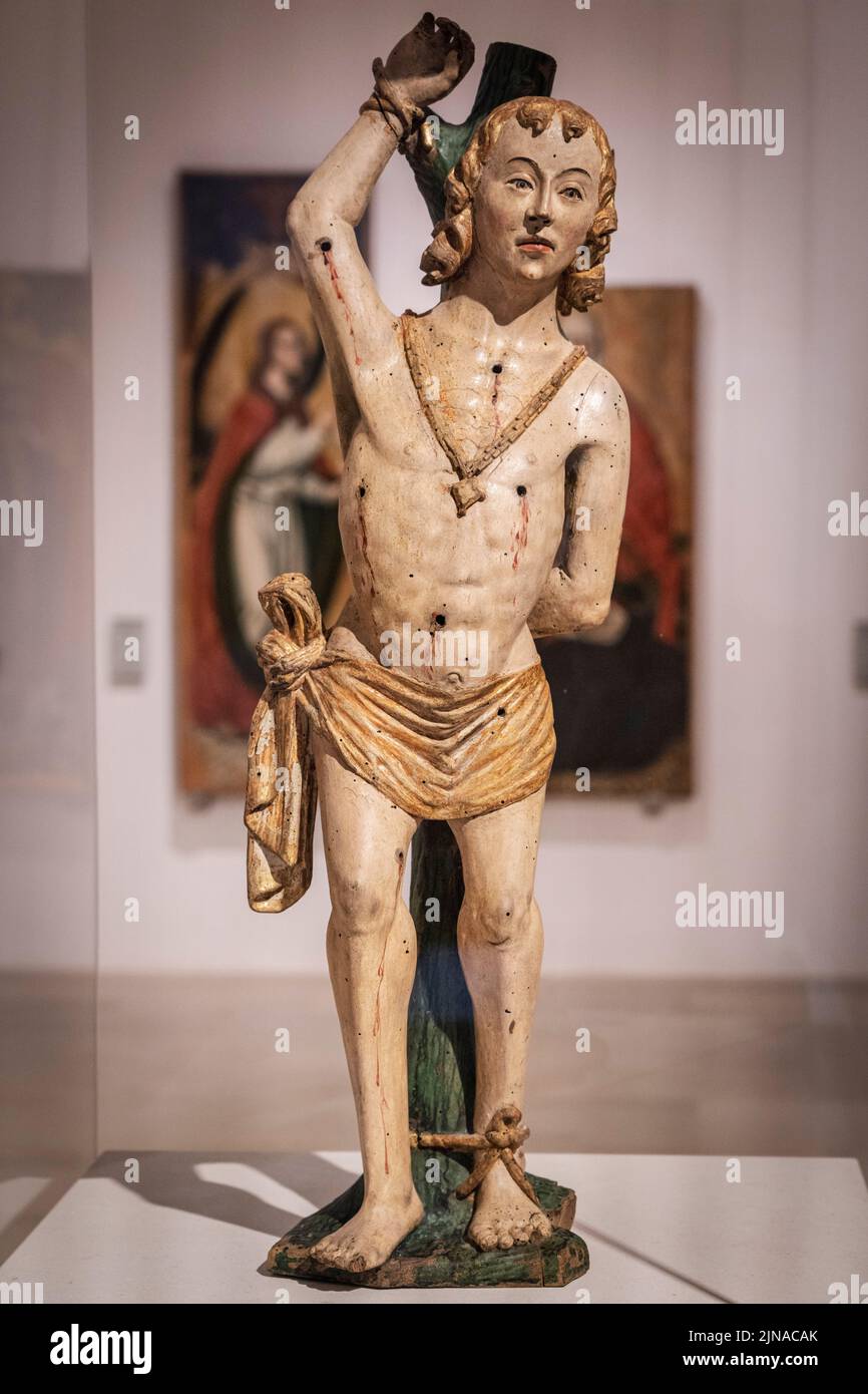 Saint Sebastian, anonym Flämisch, 1500, vergoldet und polychromes Holz, Museu de Mallorca, Palma, Mallorca, Spanien Stockfoto