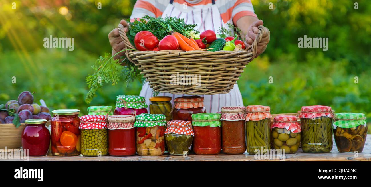 Ältere Frau, die Gemüse in Gläsern konservieren. Selektiver Fokus. Essen. Stockfoto
