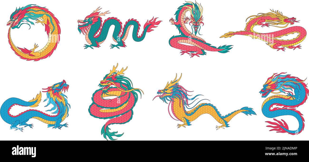 Asiatische Drachen. Chinesische mythologische Kreaturen, alte Legenden Tiere und Ouroboros Drachen Vektor Illustration Set Stock Vektor