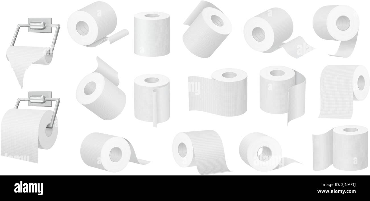 Toilettenpapier. Weiche weiße Rollen, leere Tube und 3D Küchenhandtuch Vektor-Set Stock Vektor