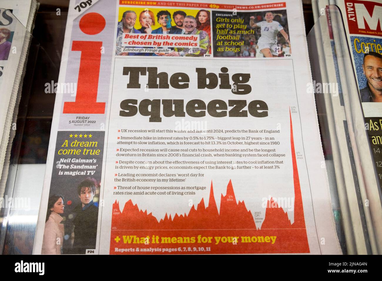 „The Big Squeeze“, ein Artikel auf der Titelseite der Zeitung am 6. August 2022 in London, England, Großbritannien Stockfoto