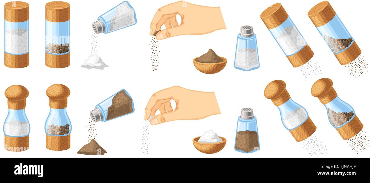 Hinzufügen von Salz und Pfeffer. Pinch in der Hand, Küchenmühle und transparenten Shaker. Schüssel zum Kochen Zutaten Cartoon Vektor-Set Stock Vektor