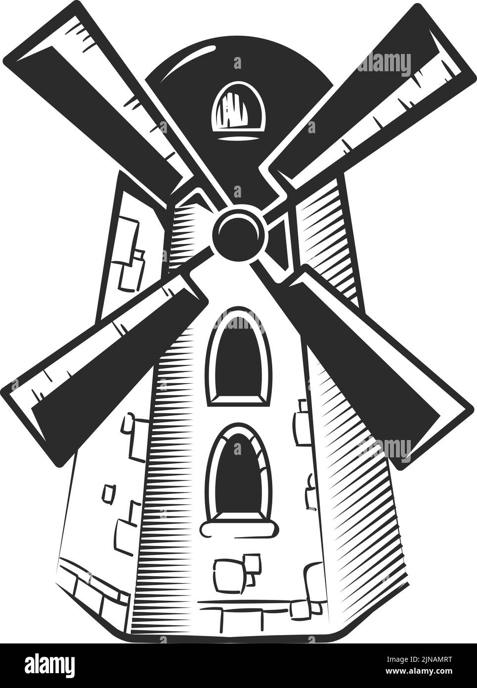 Symbol für Windmühle. Traditionelles rustikales Gebäude. Landschaftssymbol Stock Vektor