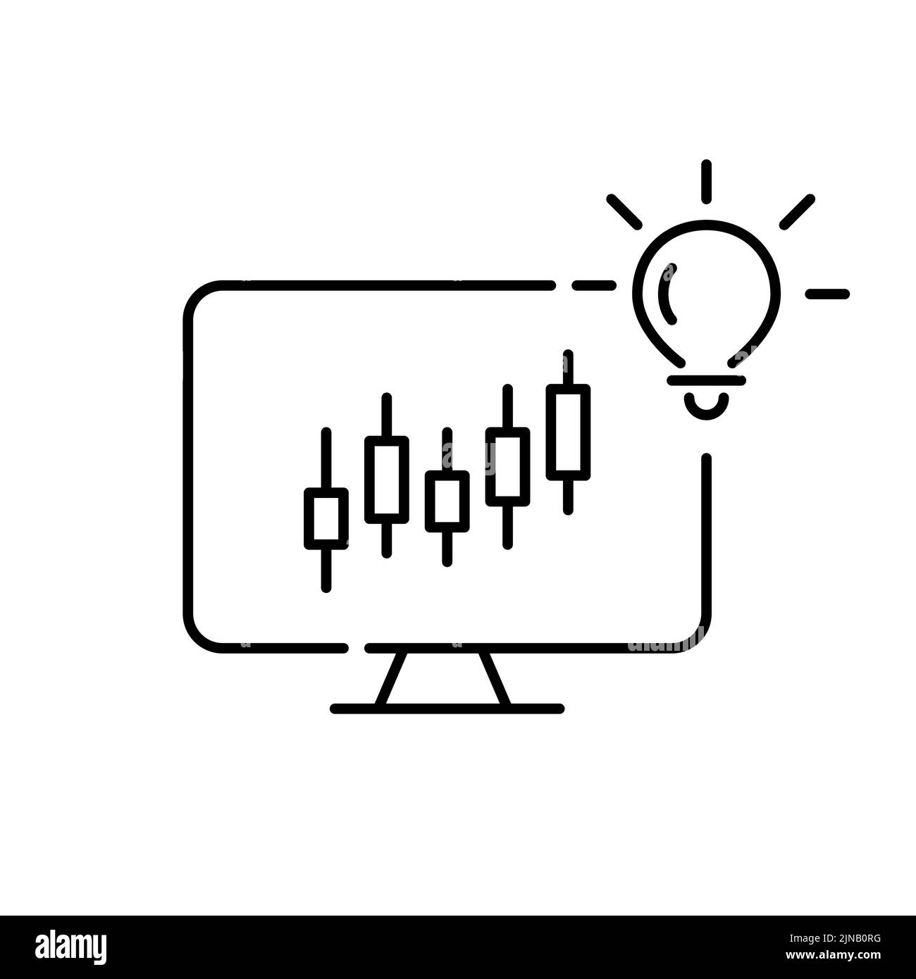 Aktienhandel Ideen und Lernen. Candlestick-Diagramm auf einem Computer. Pixel-perfektes, bearbeitbares Strichsymbol Stock Vektor