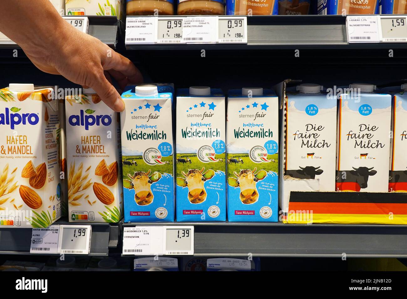 Wiesenmilch in einem Supermarkt Stockfoto