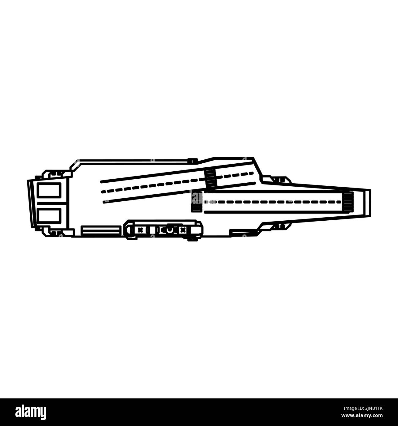 Flugzeugträger Militärschiff Vektor Symbol Illustration Umriss. Kriegsschiff der Marine mit Waffe und Flugzeug. Schlachtschiff war Transport Fighter isoliert wh Stock Vektor