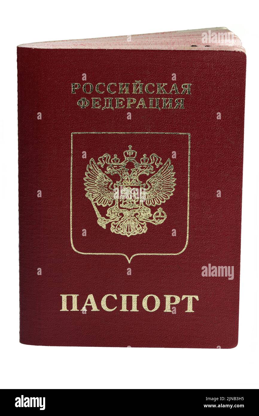 Russischer Pass isoliert auf weißem Hintergrund Stockfoto