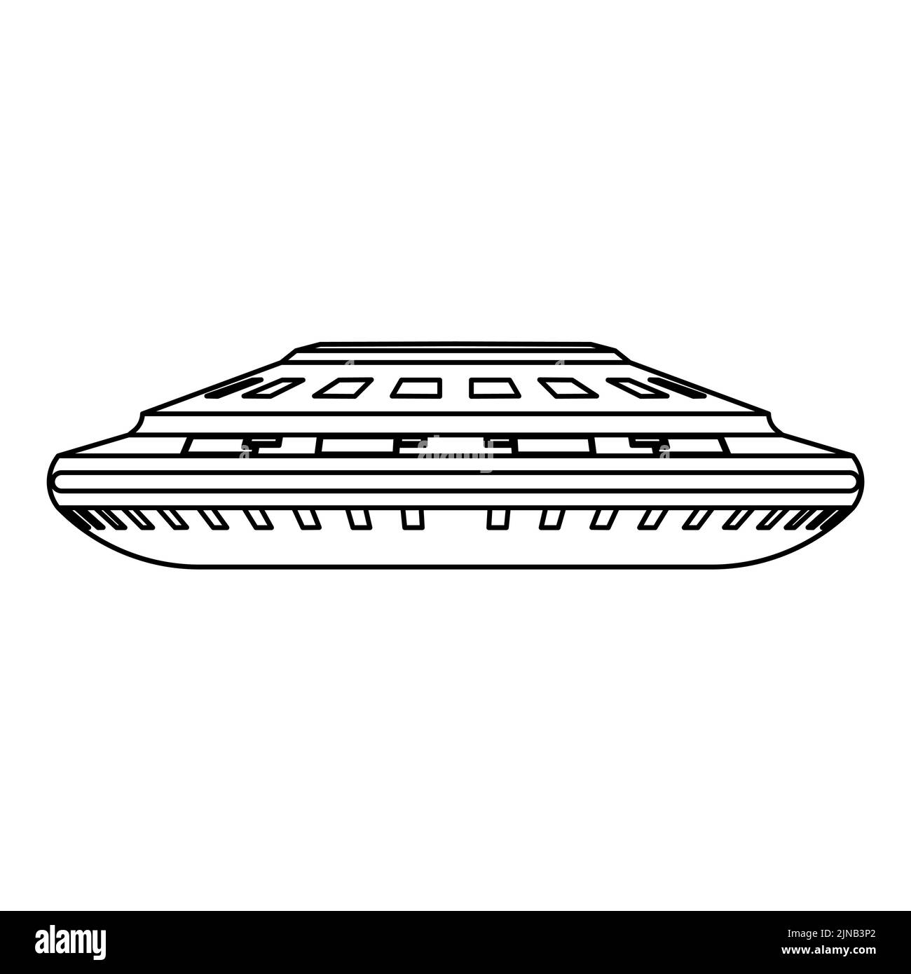 UFO Vektor Symbol Illustration Alien Raumschiff Umriss. Raum fliegende Wissenschaft Technologie Symbol und futuristische Fahrzeug isoliert weißen Hintergrund Linie Stock Vektor