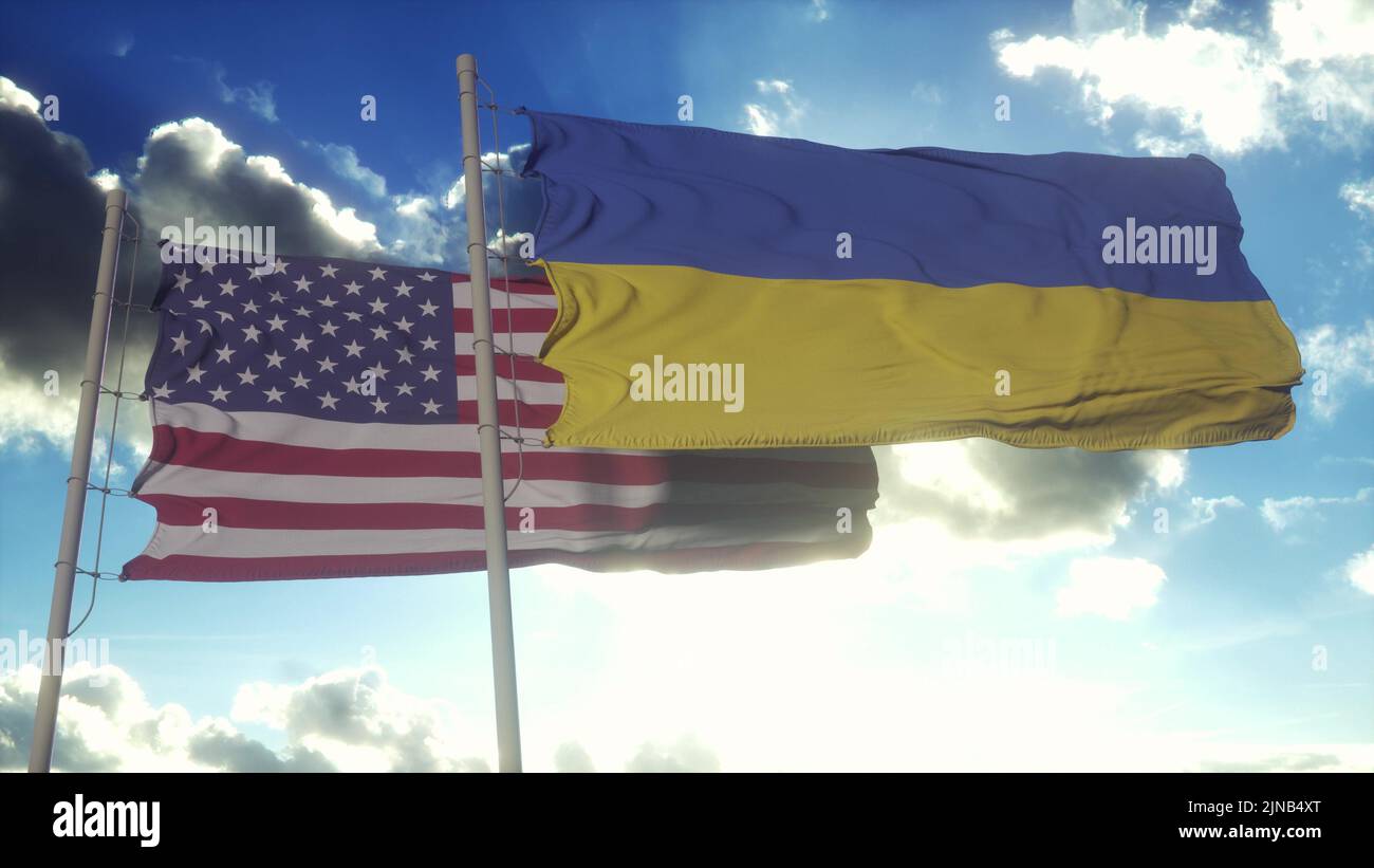 Flaggen der USA und der Ukraine. Flaggen der USA und der Ukraine winken im Wind. Diplomatisches Konzept der USA und der Ukraine, blauer Himmel im Hintergrund. 3D Abbildung Stockfoto