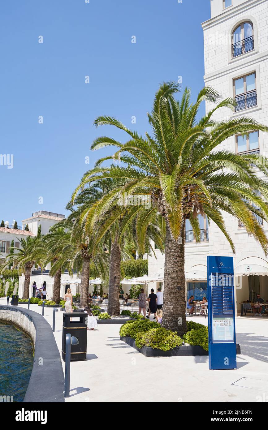 TIVAT, MONTENEGRO - 15. JULI 2021: Luxuriöse Promenade von porto montenegro mit Palmen an einem sonnigen Tag Stockfoto