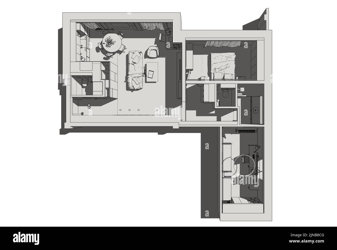 Abbildung des Innenraums. Planen. Illustration der Wohnung im Blaupause-Stil. Stockfoto