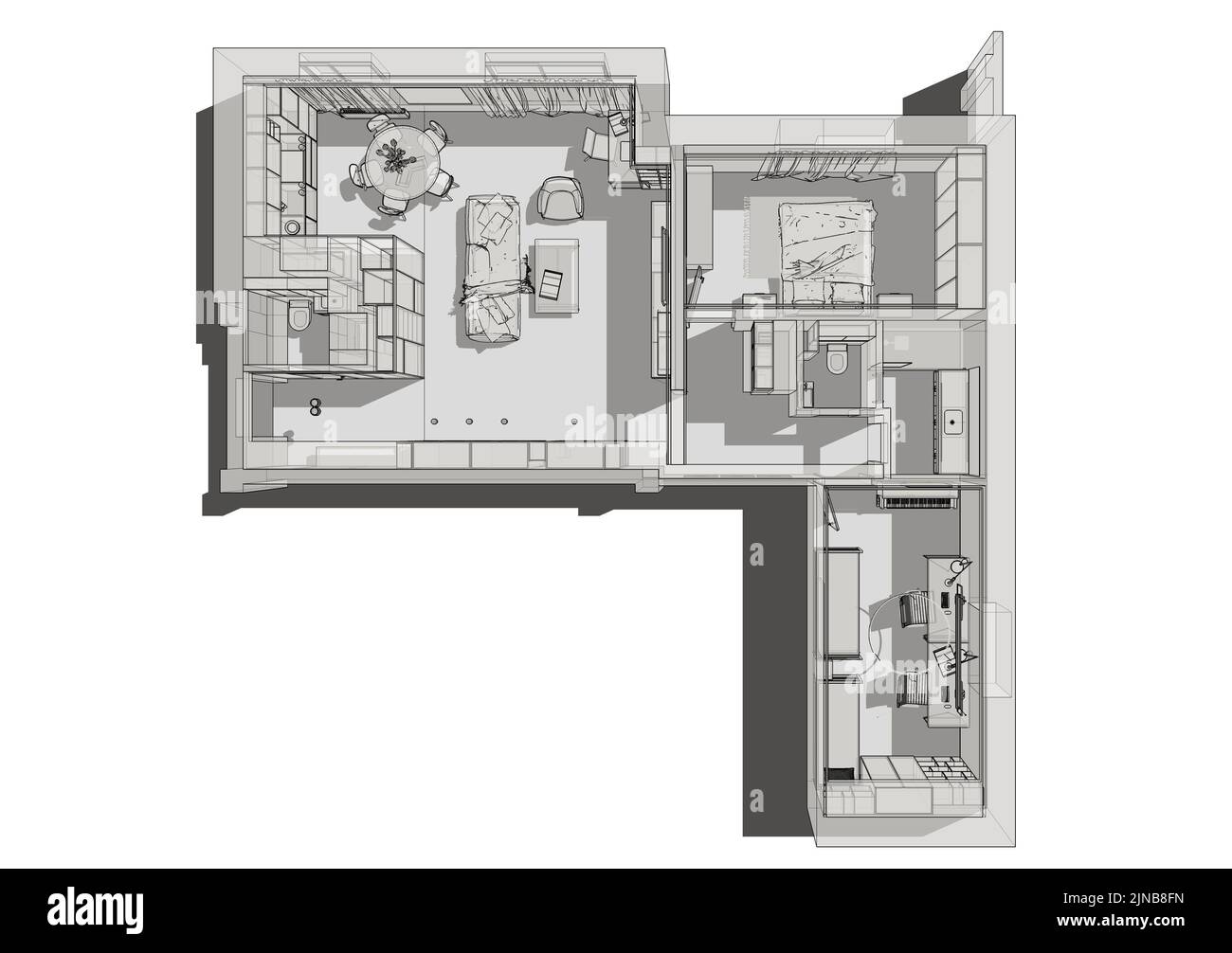 Abbildung des Innenraums. Planen. Illustration der Wohnung im Blaupause-Stil. Stockfoto