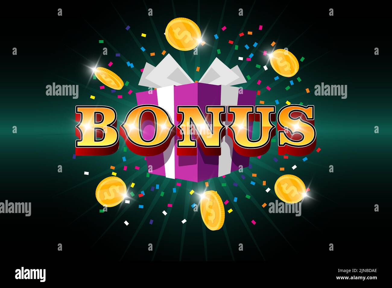 Bonuswort mit fliegenden Golddollar-Münzen und Geschenkbox auf Konfetti-Hintergrund. Promo-Banner zur Preisfestung. Treueprogramm oder Casino-Gewinnkonzept. Vektor-Illustration für Einkommen und Geld Stock Vektor