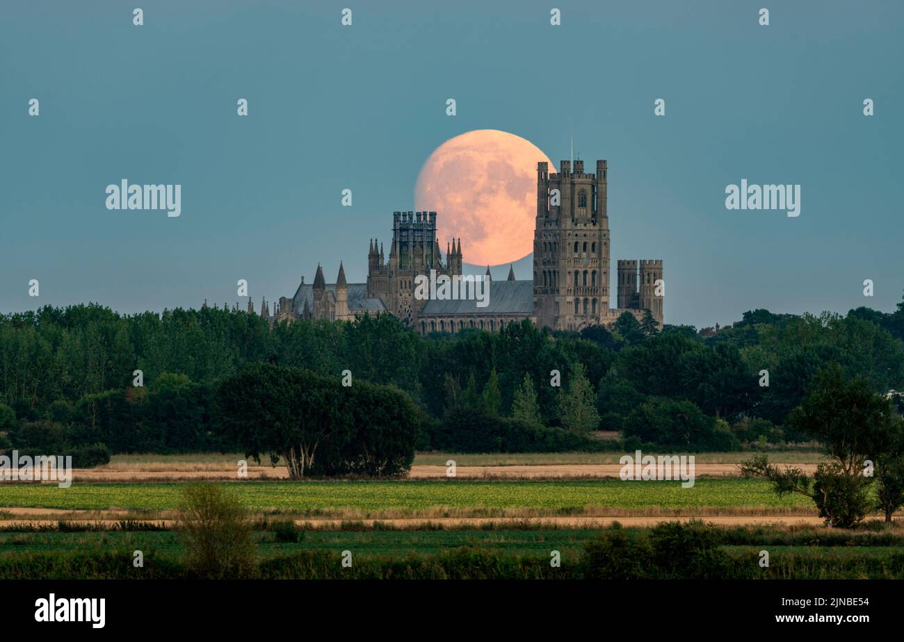 Mondaufgang hinter Ely Cathedral, 10.. August 2022 Stockfoto