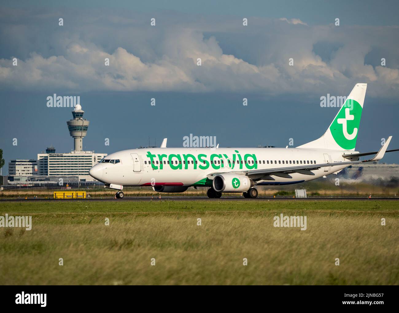 Amsterdam Shiphol Airport, Polderbaan, eine von 6 Start- und Landebahnen, Transavia Aircraft, Stockfoto
