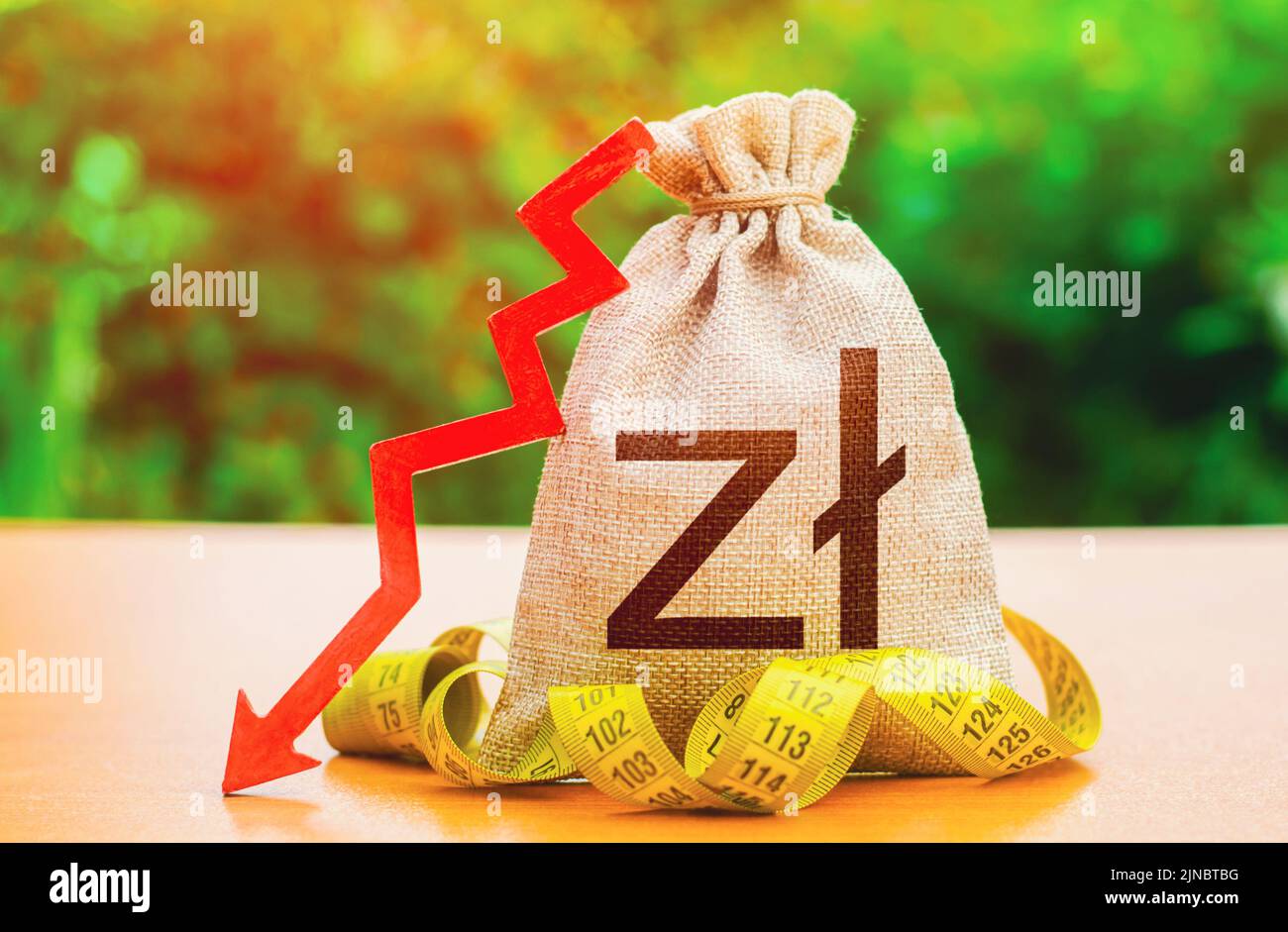 Polieren Sie Zloty Geldbeutel mit Pfeil nach unten und Maßband. Niedrigere Löhne, Kürzungen der Sozialleistungen. Sinkende Löhne und Wohlfahrt. Kostensenkung. Kapital aus Stockfoto