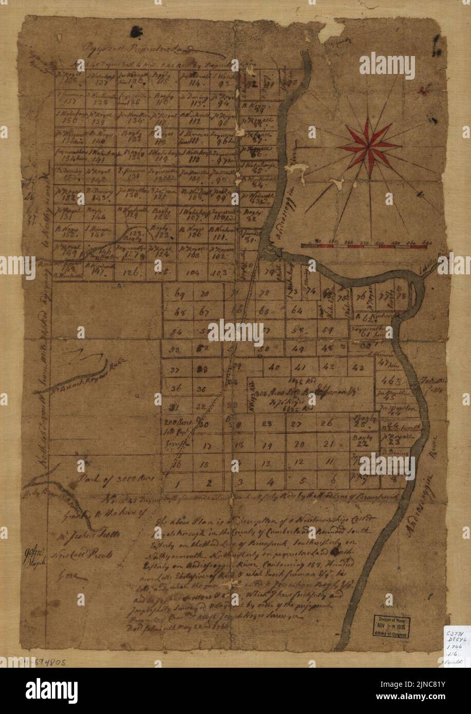 Der obige Plan ist eine Beschreibung eines neuen Townships namens Royalsborough in der Grafschaft Cumberland, das südöstlich an der Schlagzeile von Brunswick, südwestlich an Northyarmouth und nordwestlich an grenzt Stockfoto