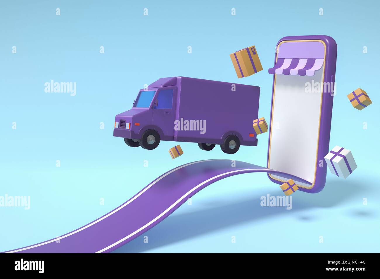 E-Commerce-Konzept, Lieferdienst für mobile Anwendung, Transportanlieferung per LKW, 3D Abbildung Stockfoto