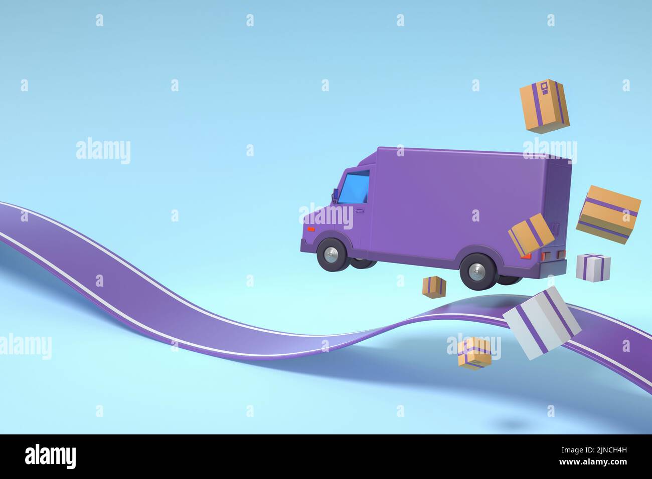 E-Commerce-Konzept, Lieferdienst für mobile Anwendung, Transportanlieferung per LKW, 3D Abbildung Stockfoto