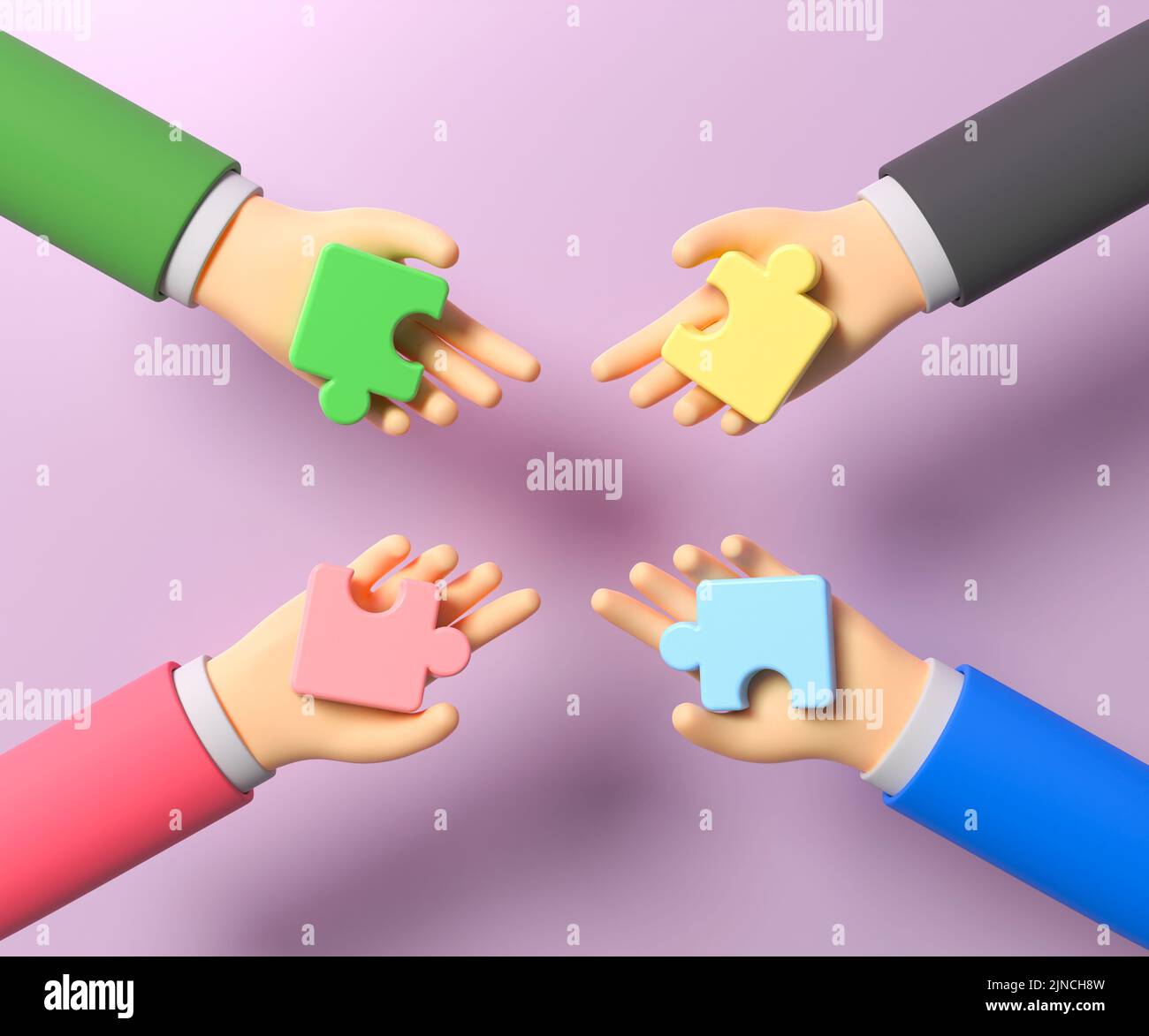 Cartoon Hände verbinden Puzzle. Symbol für Teamarbeit, Zusammenarbeit, Partnerschaft, Problemlösung, Geschäftskonzept. 3D Abbildung Stockfoto