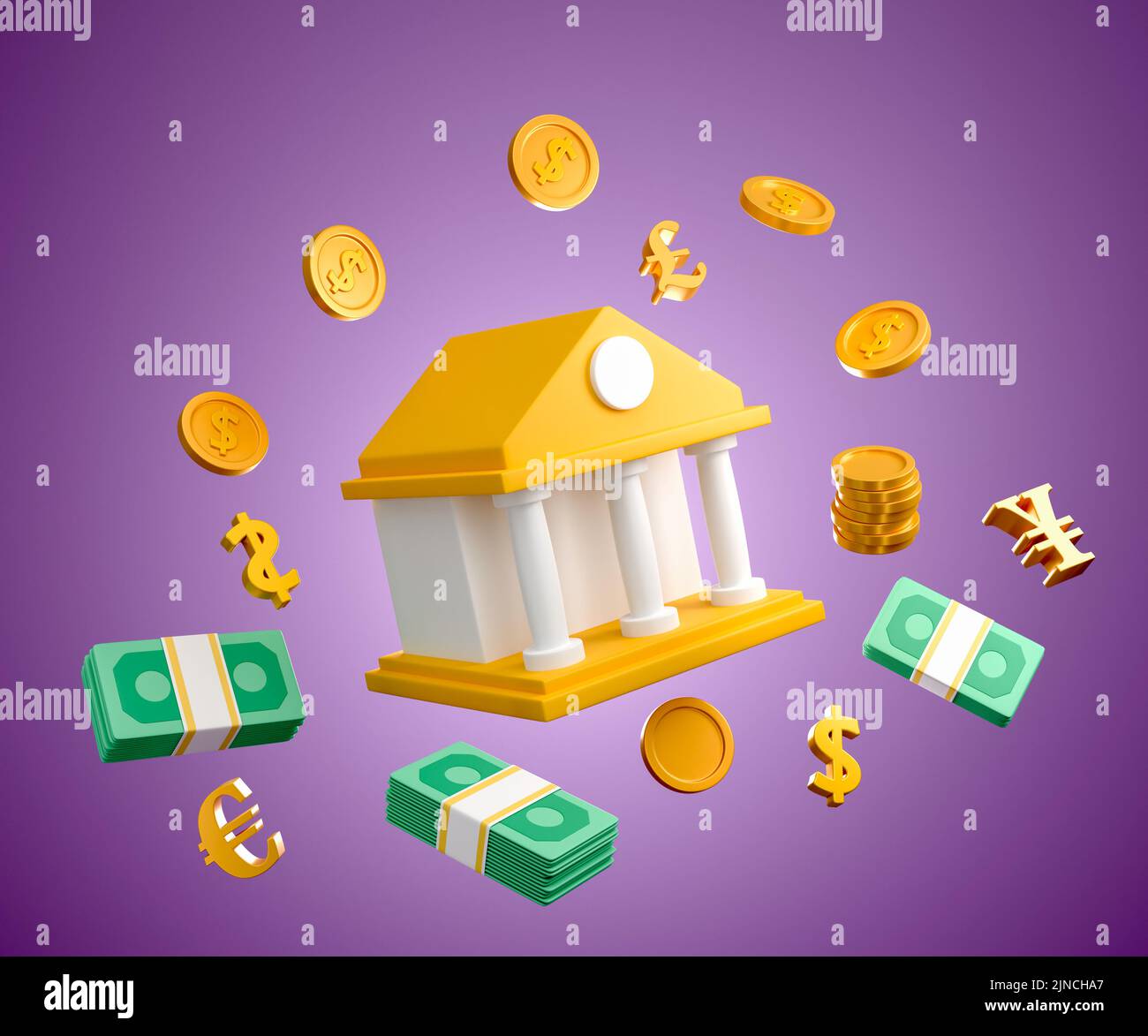 Online-Banking-Symbol. Geld sparen, Bank, Bündeln von Geld und Münzen schwimmend um auf dem lila Hintergrund 3D Illustration Stockfoto