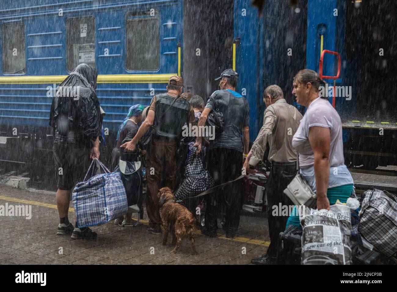 Menschen und ihre Haustiere sahen, wie sie unter starkem Regen am Bahnhof Pokrovsk in den Evakuierungszug einstiegen. Inmitten der verstärkten Kämpfe im östlichen Teil der Ukraine intensiviert die Ostukraine nun ihre zivile Evakuierung, da Millionen ukrainischer Familien aus dem immer näher rückt Krieg evakuiert wurden, da viele von ihnen in den westlichen Teil des Landes verlegt werden. Nach Angaben der Vereinten Nationen sind seit dem russischen Einmarsch in die Ukraine mindestens 12 Millionen Menschen aus ihrer Heimat geflohen, während sieben Millionen Menschen innerhalb des Landes vertrieben werden. Stockfoto