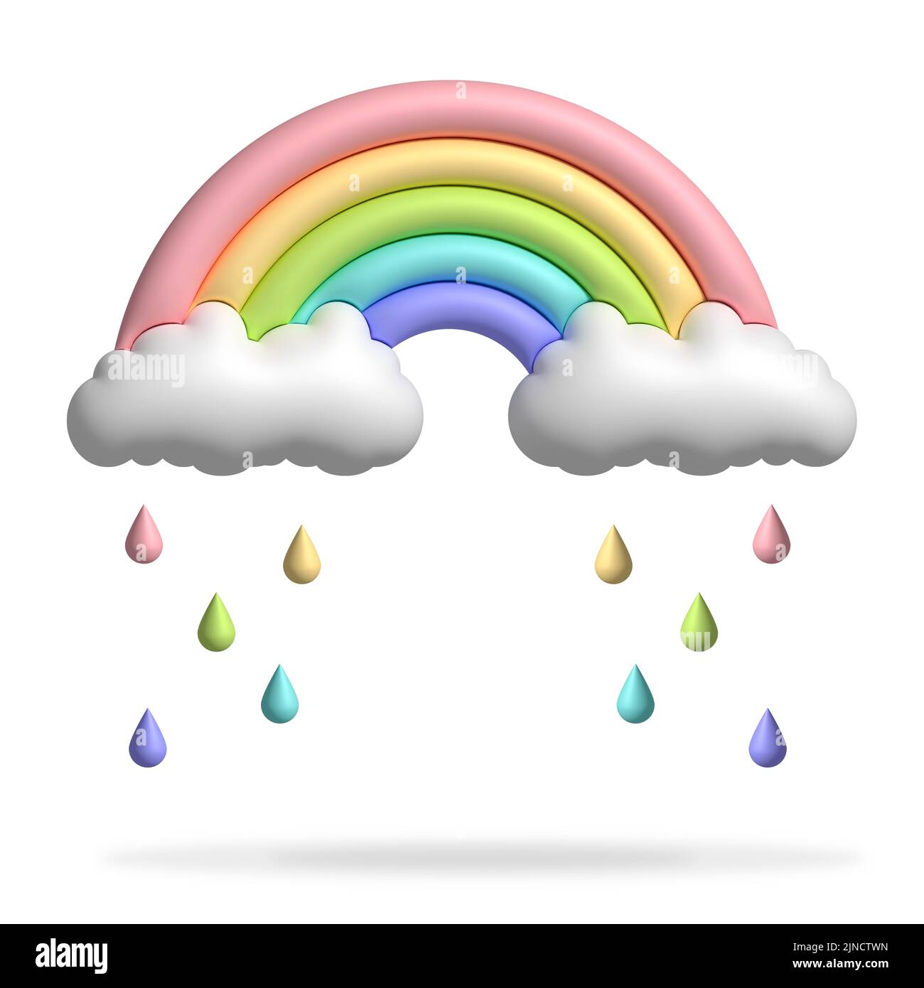 Farbenfroher pastellfarbener Regenbogen mit Wolken und farbigen Regentropfen, lustige fröhliche 3D Illustration Stockfoto