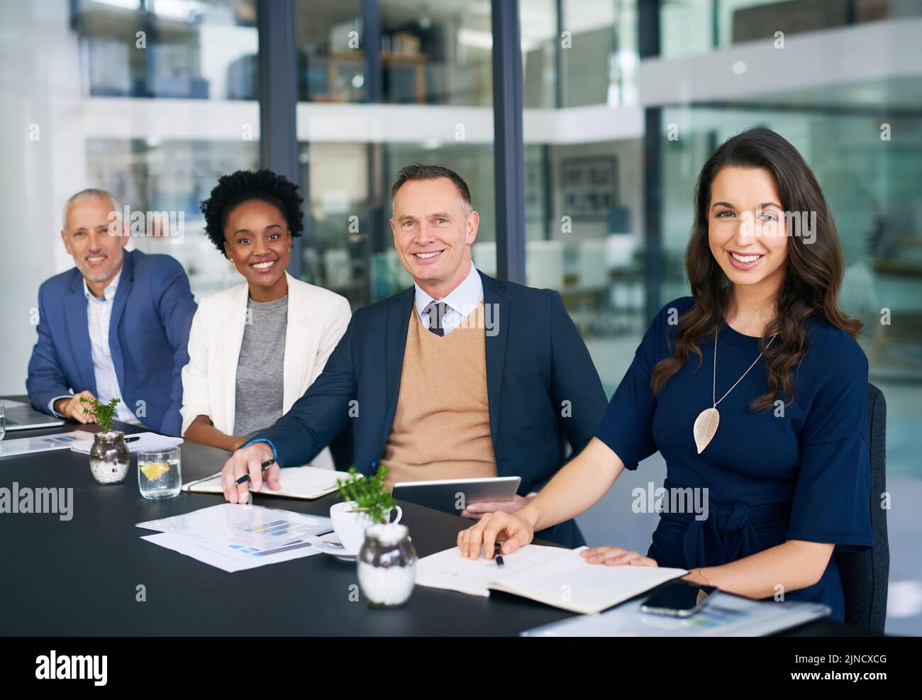 Der Erfolg als Team ist nur einen Steinwurf entfernt. Ein Porträt einer vielfältigen Gruppe von Geschäftsleuten, die in einem Sitzungssaal sitzen. Stockfoto