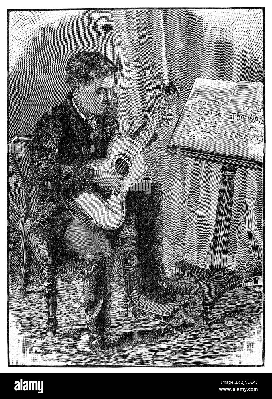 Vintage viktorianische Gravur eines jungen Mannes, der Gitarre spielt, aus The Boy's Own Annual 1890-91. Stockfoto