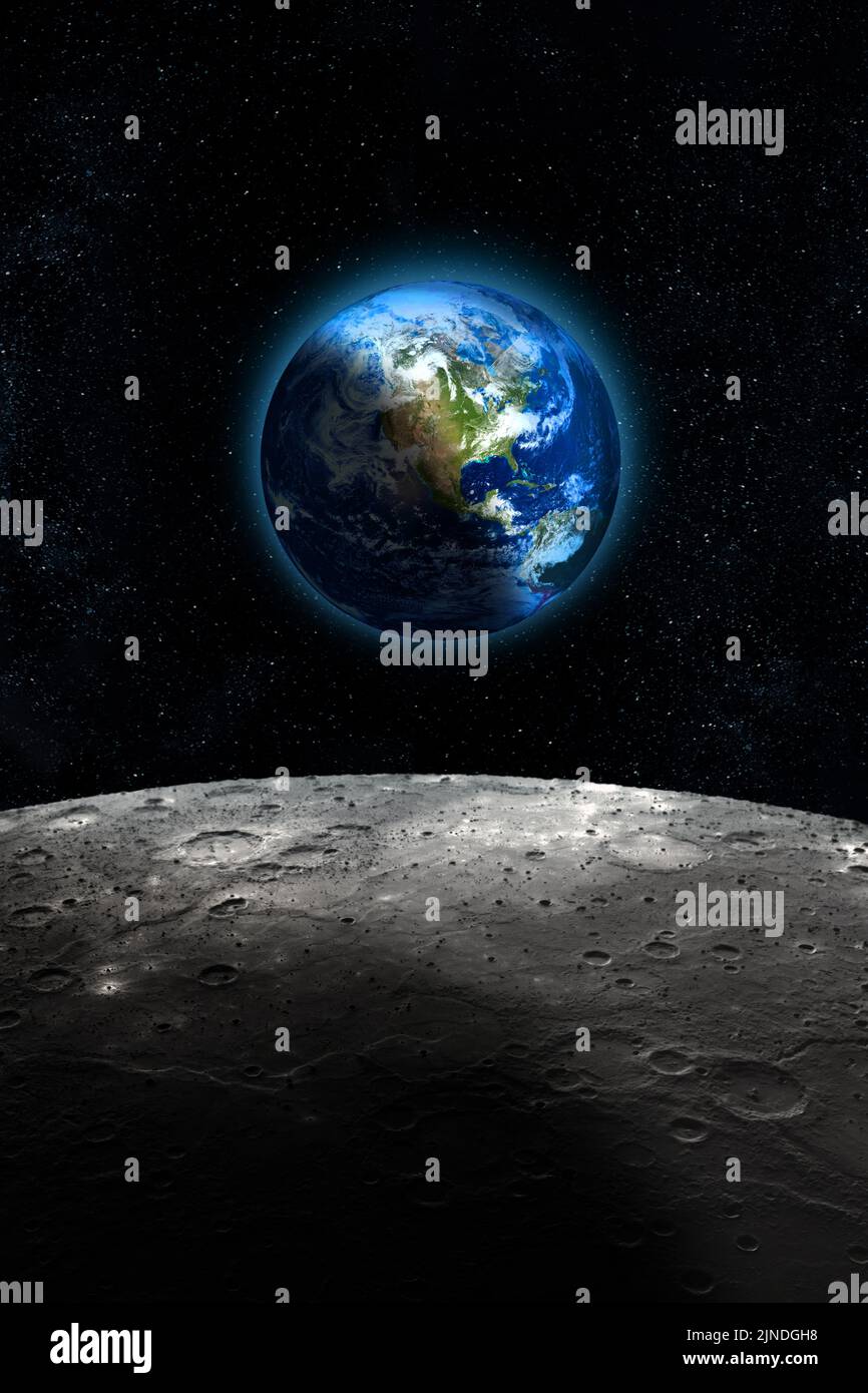 Halber Planet Erde vom Mond aus gesehen, dunkler Sternenhimmel im Hintergrund. Einige Bildelemente der NASA. Stockfoto
