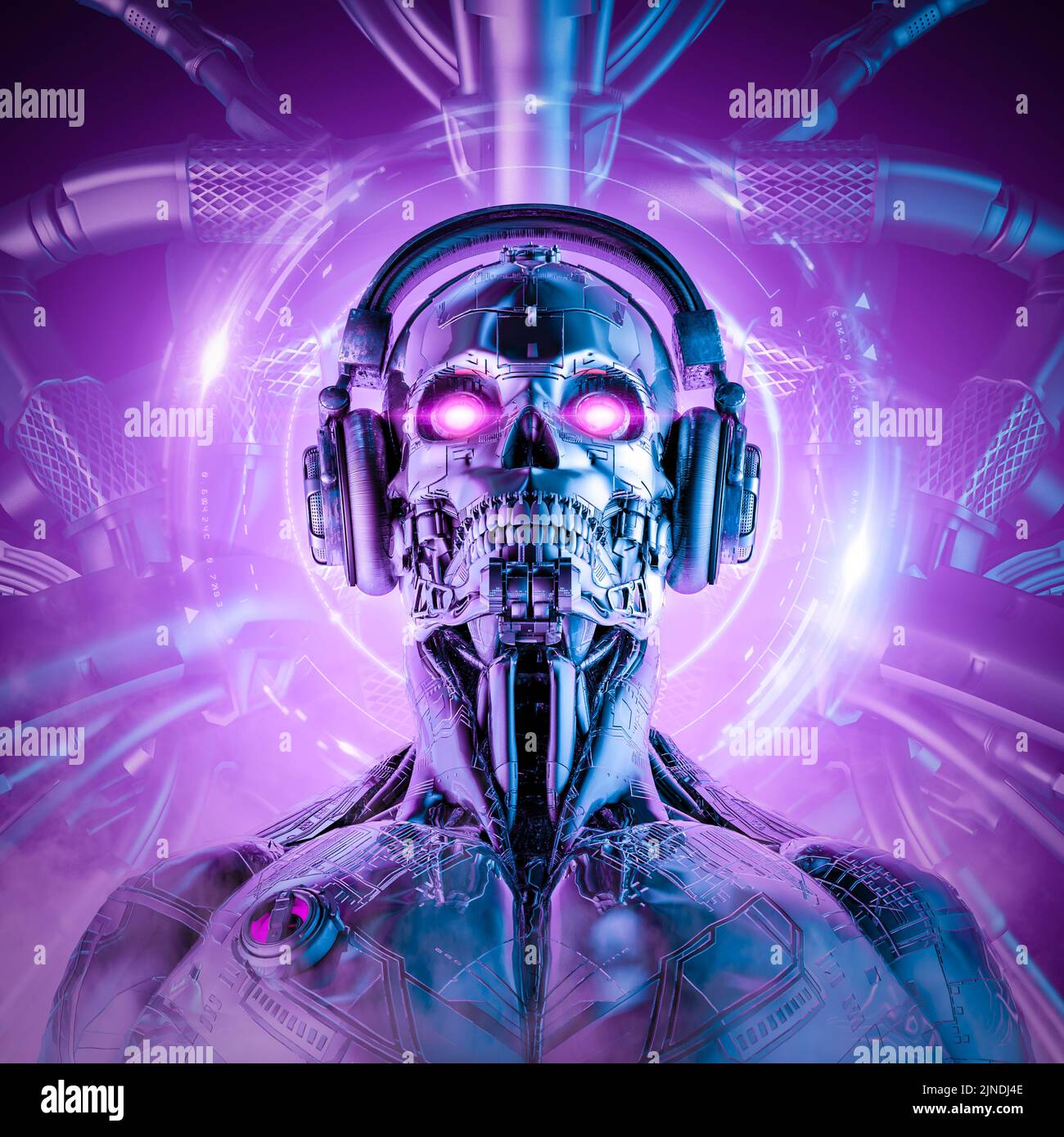 Techno Musik Roboter Intelligenz - 3D Illustration von Science Fiction Cyberpunk Schädel konfrontiert Cyborg mit Kopfhörern Stockfoto